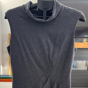 Lafayette 148 grey wool sleveless midi dress with a semi cowl neck and pleating